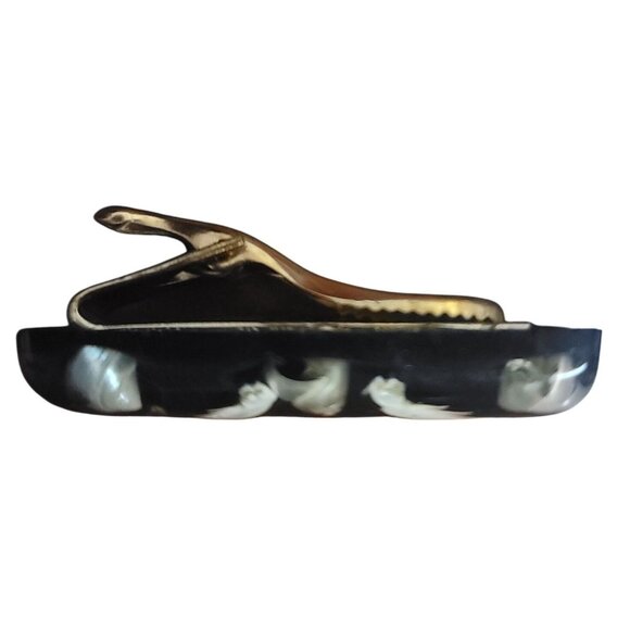 Vintage Black Lacquer Gold Tie Clip Shell Mother of Pearl Feather Inlay Design - Picture 5 of 10